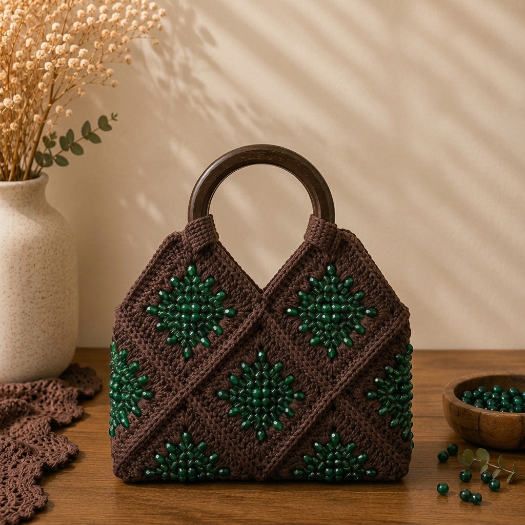 Bead Luxe – Handcrafted Beaded Crochet Top-Handle Bag (Green & Black) - handmade Crochet Bags