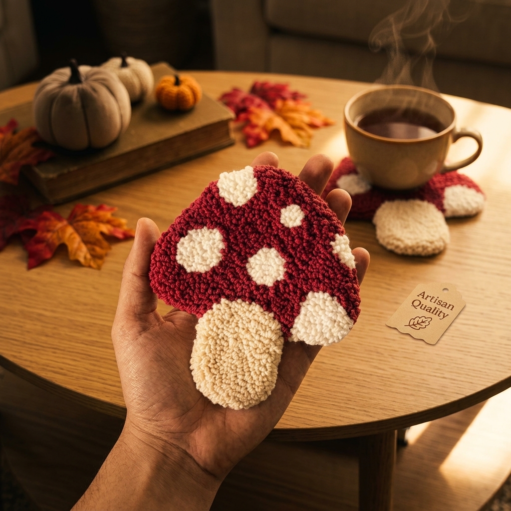 Handcrafted Punch Needle Mushroom Mug Rug / Coaster - handmade Punch Needle Art