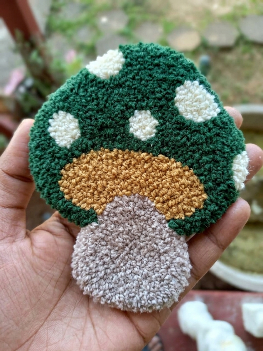 Handcrafted Punch Needle Mushroom Mug Rug / Coaster product photo 2