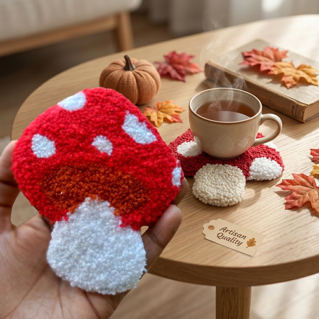 Handcrafted Punch Needle Mushroom Mug Rug / Coaster product photo 3