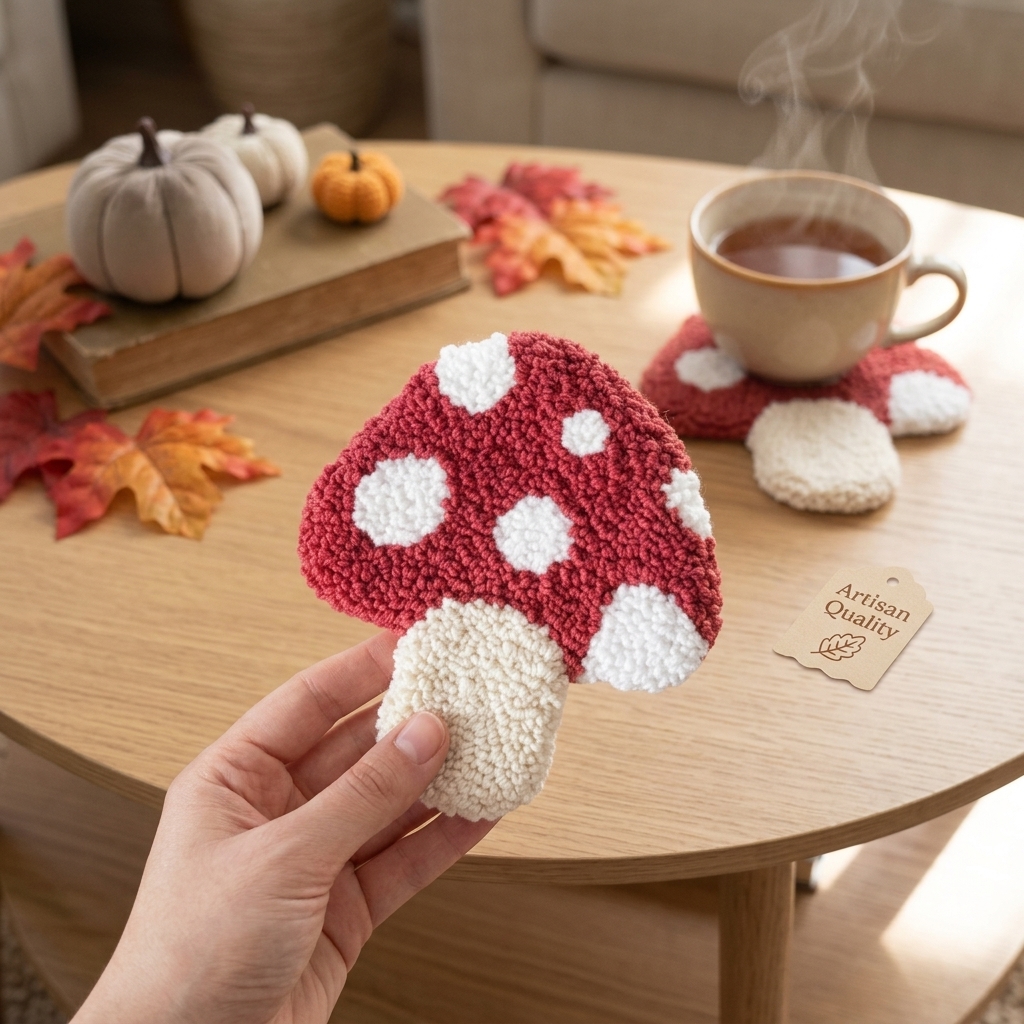 Handcrafted Punch Needle Mushroom Mug Rug / Coaster product photo 4