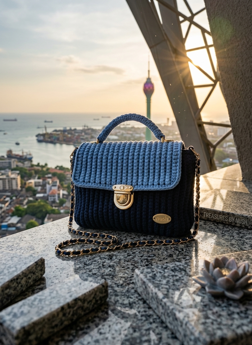 Alora Luxury Textured Top-Handle Crochet Satchel (Navy Blue & Sky Blue) - handmade Crochet Bags