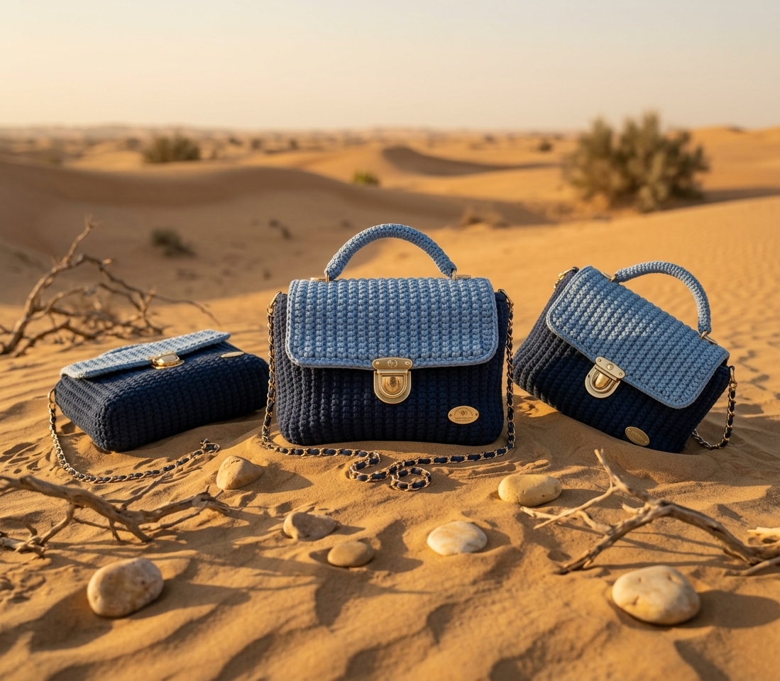 Alora Luxury Textured Top-Handle Crochet Satchel (Navy Blue & Sky Blue) product photo 2