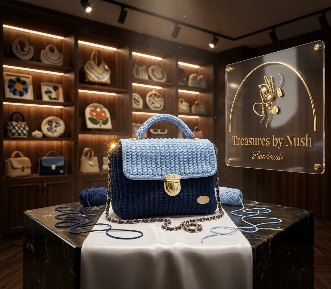 Alora Luxury Textured Top-Handle Crochet Satchel (Navy Blue & Sky Blue) product photo 3