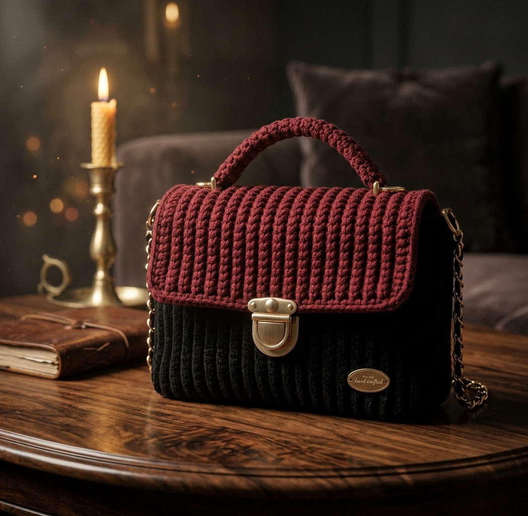 Alora Luxury Textured Top-Handle Crochet Satchel (Burgundy / Black) - handmade Crochet Bags