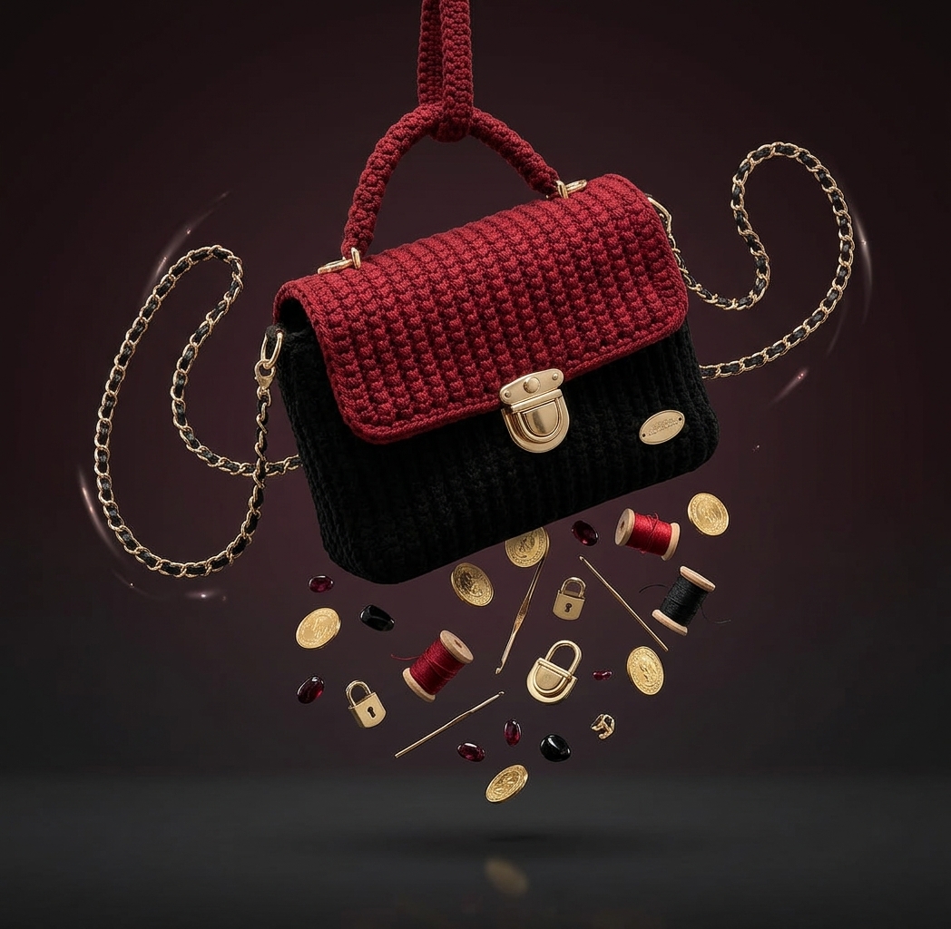 Alora Luxury Textured Top-Handle Crochet Satchel (Burgundy / Black) product photo 3