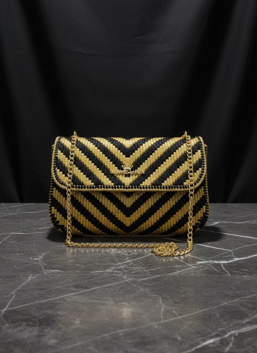 Standard Corset Chevron Knit & Crochet Flap Handbag - Black & Gold product photo 3
