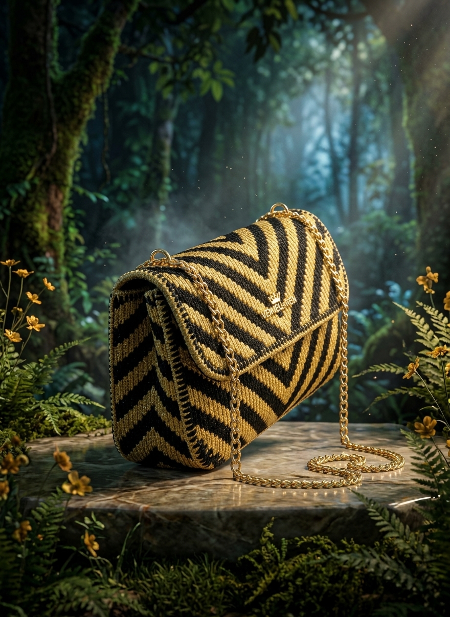 Standard Corset Chevron Knit & Crochet Flap Handbag - Black & Gold product photo 4
