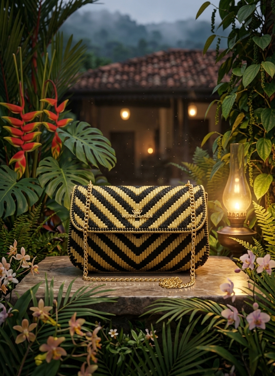Standard Corset Chevron Knit & Crochet Flap Handbag - Black & Gold product photo 5