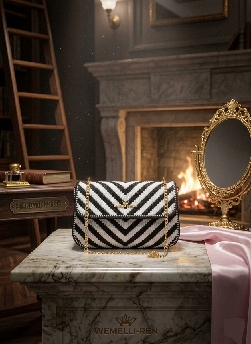 Standard Corset Chevron Knit & Crochet Flap Handbag - Classic Black & Crisp White Chevron product photo 2