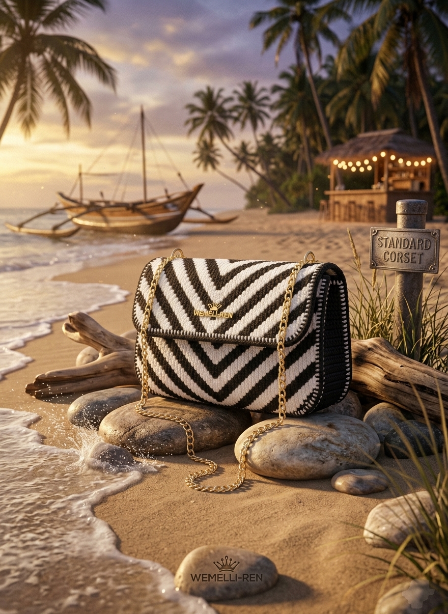 Standard Corset Chevron Knit & Crochet Flap Handbag - Classic Black & Crisp White Chevron product photo 3