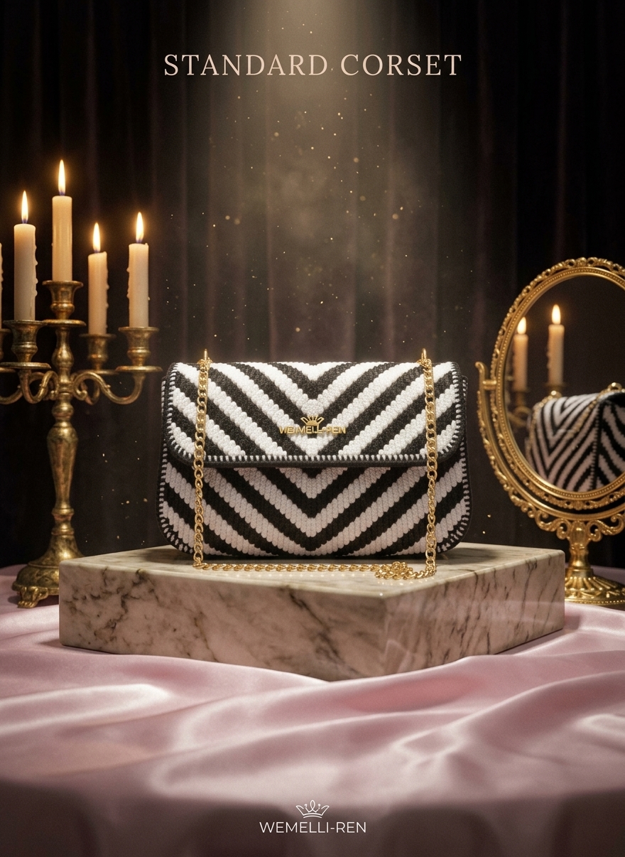 Standard Corset Chevron Knit & Crochet Flap Handbag - Classic Black & Crisp White Chevron product photo 4