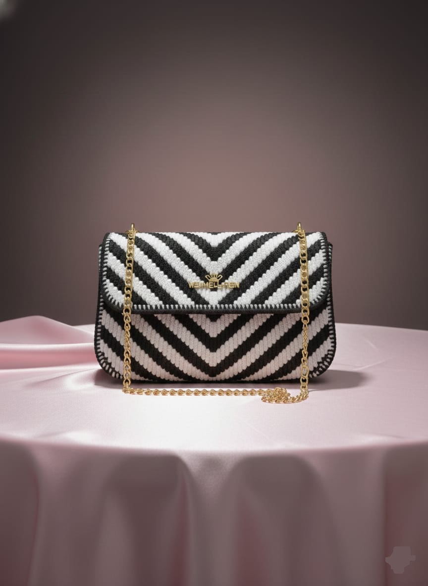 Standard Corset Chevron Knit & Crochet Flap Handbag - Classic Black & Crisp White Chevron product photo 5