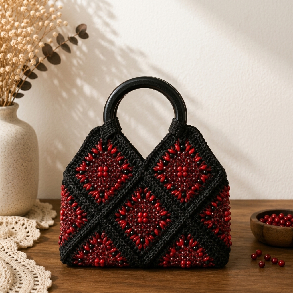 Bead Luxe – Handcrafted Beaded Crochet Top-Handle Bag (Red & Black) - handmade Crochet Bags