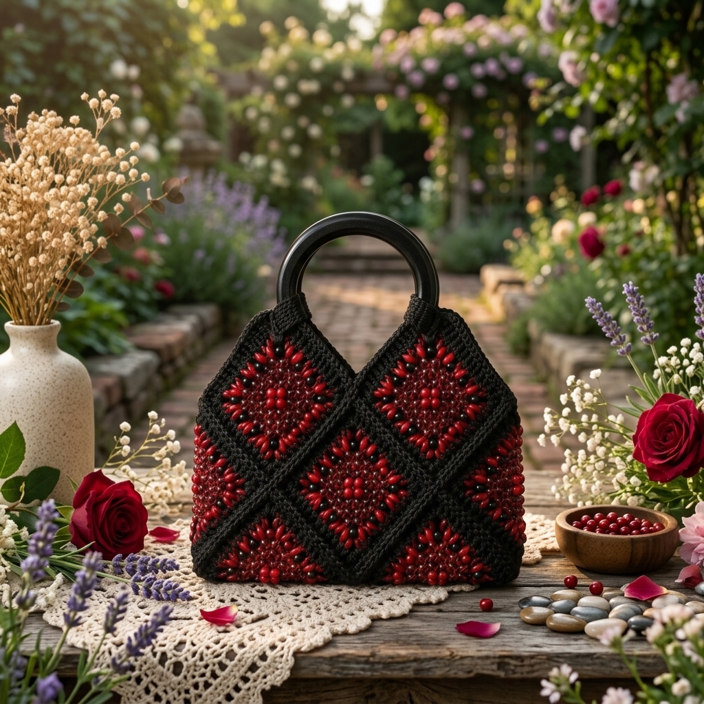 Bead Luxe – Handcrafted Beaded Crochet Top-Handle Bag (Red & Black) product photo 2