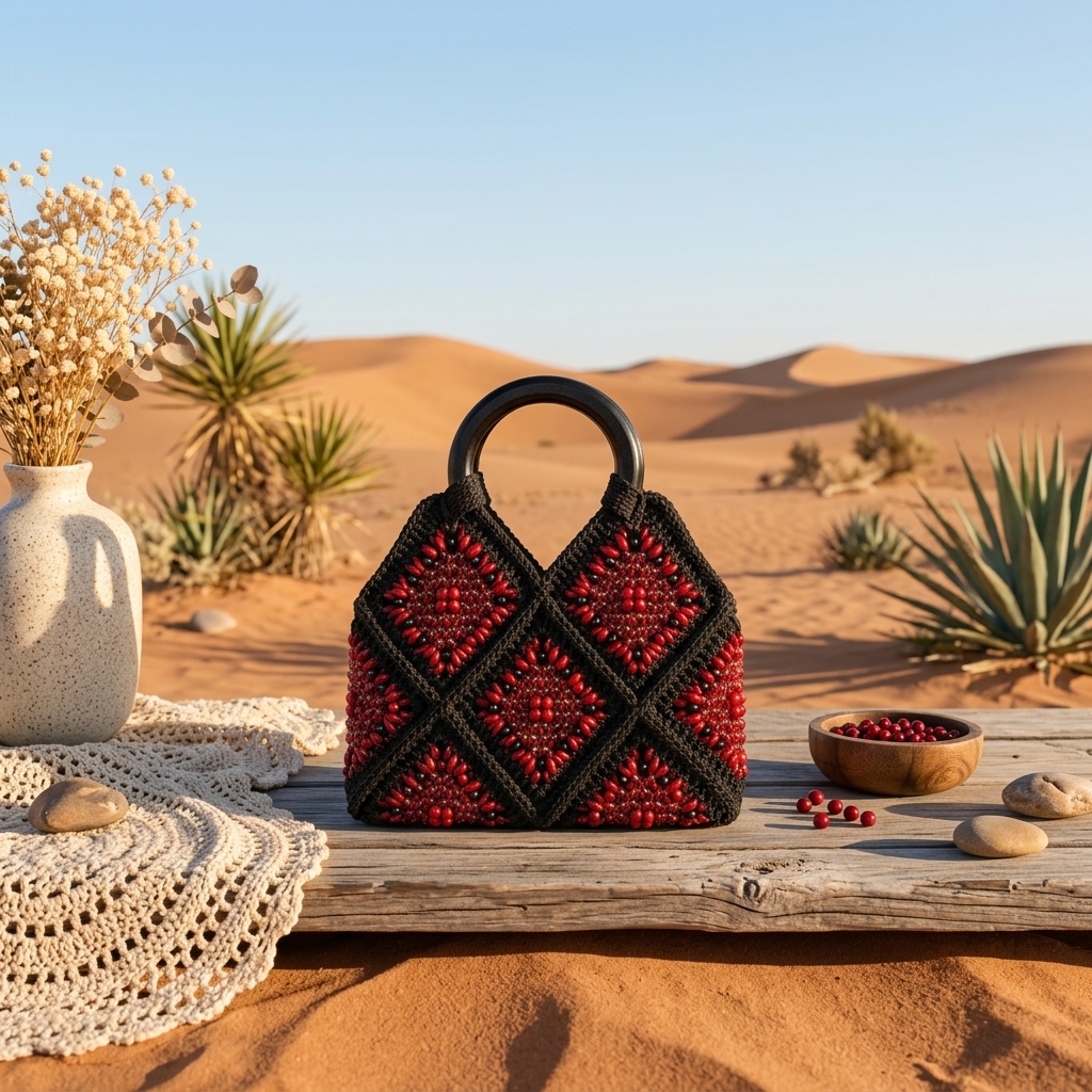 Bead Luxe – Handcrafted Beaded Crochet Top-Handle Bag (Red & Black) product photo 3