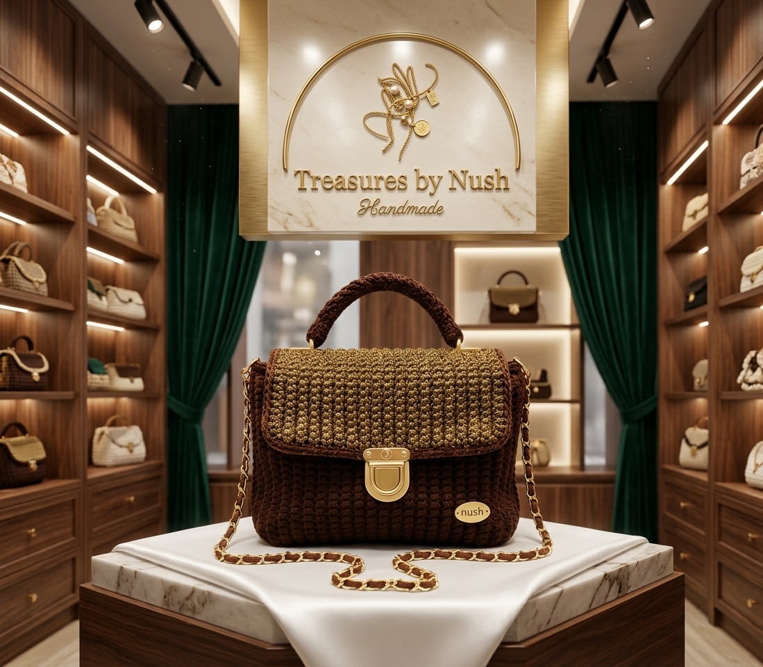 Alora Luxury Textured Top-Handle Crochet Satchel (Brown / Gold) - handmade Crochet Bags