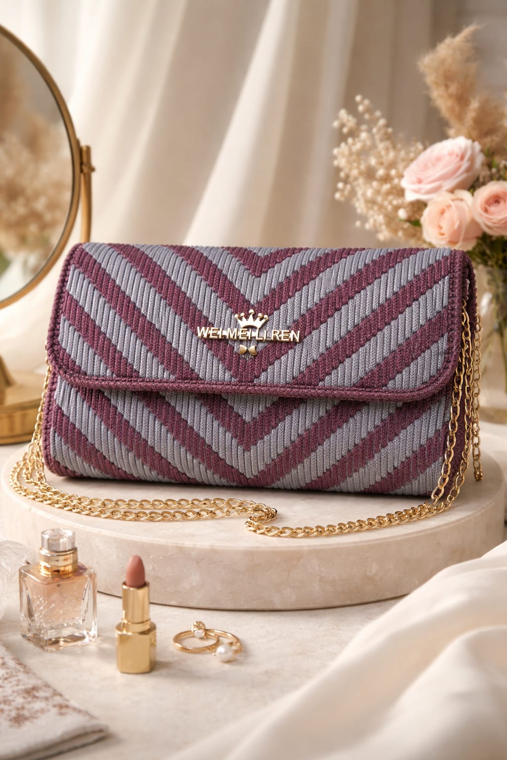 Standard Corset Chevron Knit & Crochet Flap Handbag - Deep Plum & Heather Grey Chevron - handmade Crochet Bags