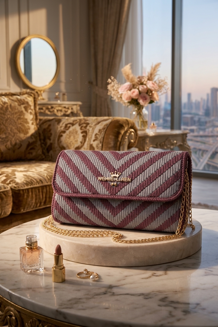 Standard Corset Chevron Knit & Crochet Flap Handbag - Deep Plum & Heather Grey Chevron product photo 6