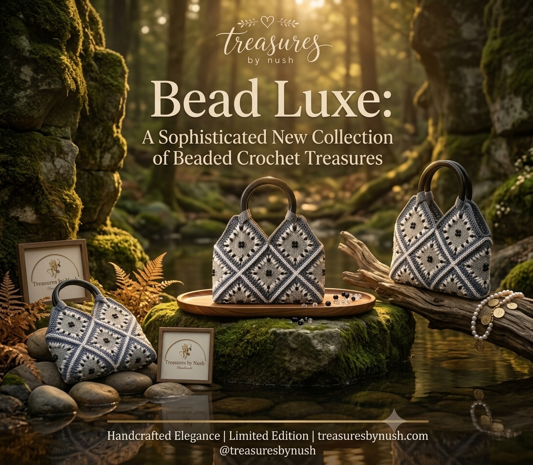 Bead Luxe – Handcrafted Beaded Crochet Top-Handle Bag - Grey & White - handmade Crochet Bags
