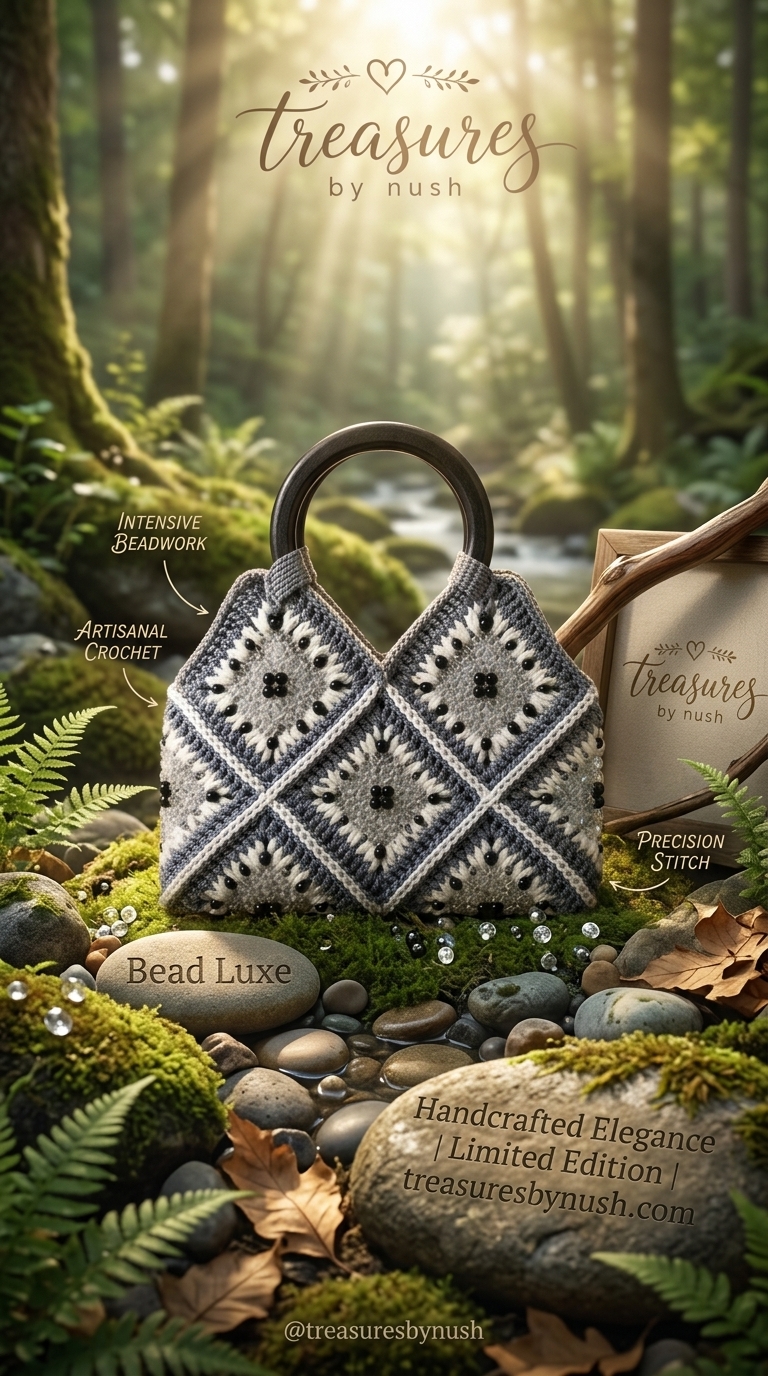 Bead Luxe – Handcrafted Beaded Crochet Top-Handle Bag - Grey & White product photo 2