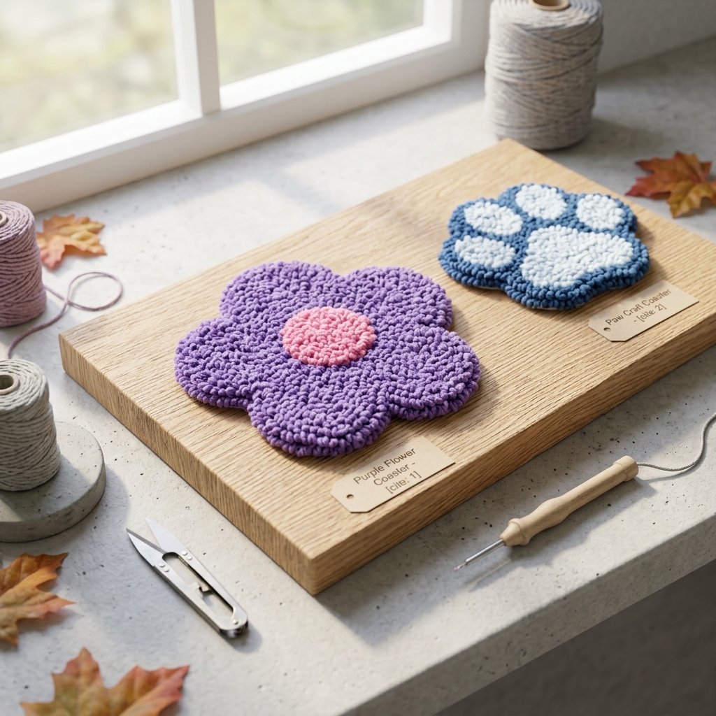 Handcrafted Punch Needle  Flower Mug Rug / Coaster - handmade Punch Needle Art