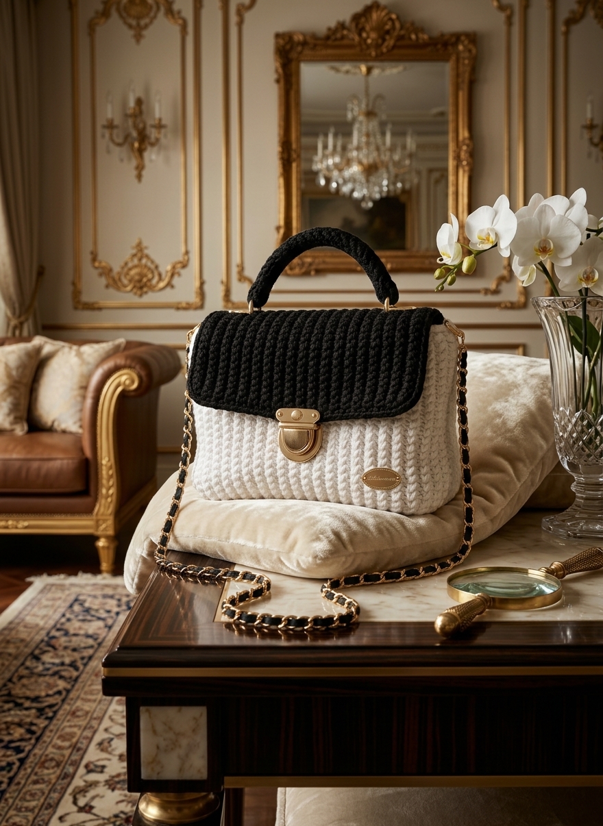 Alora Luxury Textured Top-Handle Crochet Satchel (White & Black) - handmade Crochet Bags